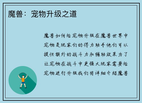 魔兽：宠物升级之道